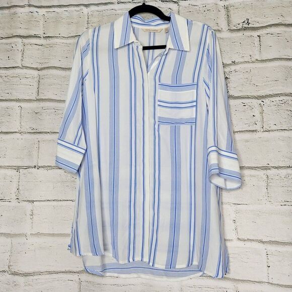 Soft Surroundings Womens XS Petite Button Front Top Blue White Oversized Blouse - Picture 1 of 10